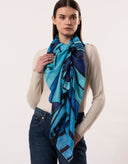 Ripple Fluid Stripe Pattern Wool Silk Scarf Blue in Blue