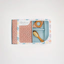 Pinkasaurus baby girl gift set with soft knit blanket wood teether and baby brush for newborn essentials