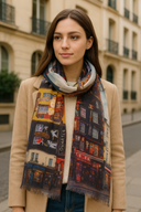 Bazaar Urban Streetscape Wool Silk Scarf in Multi