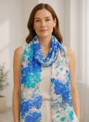 Peony Floral Print Pure Silk Scarf Blue in Blue