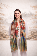 Ember Abstract Landscape and Crane Print Merino Wool Scarf in Multi