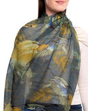 Orika Foliage and Birds Print Wool Silk Scarf