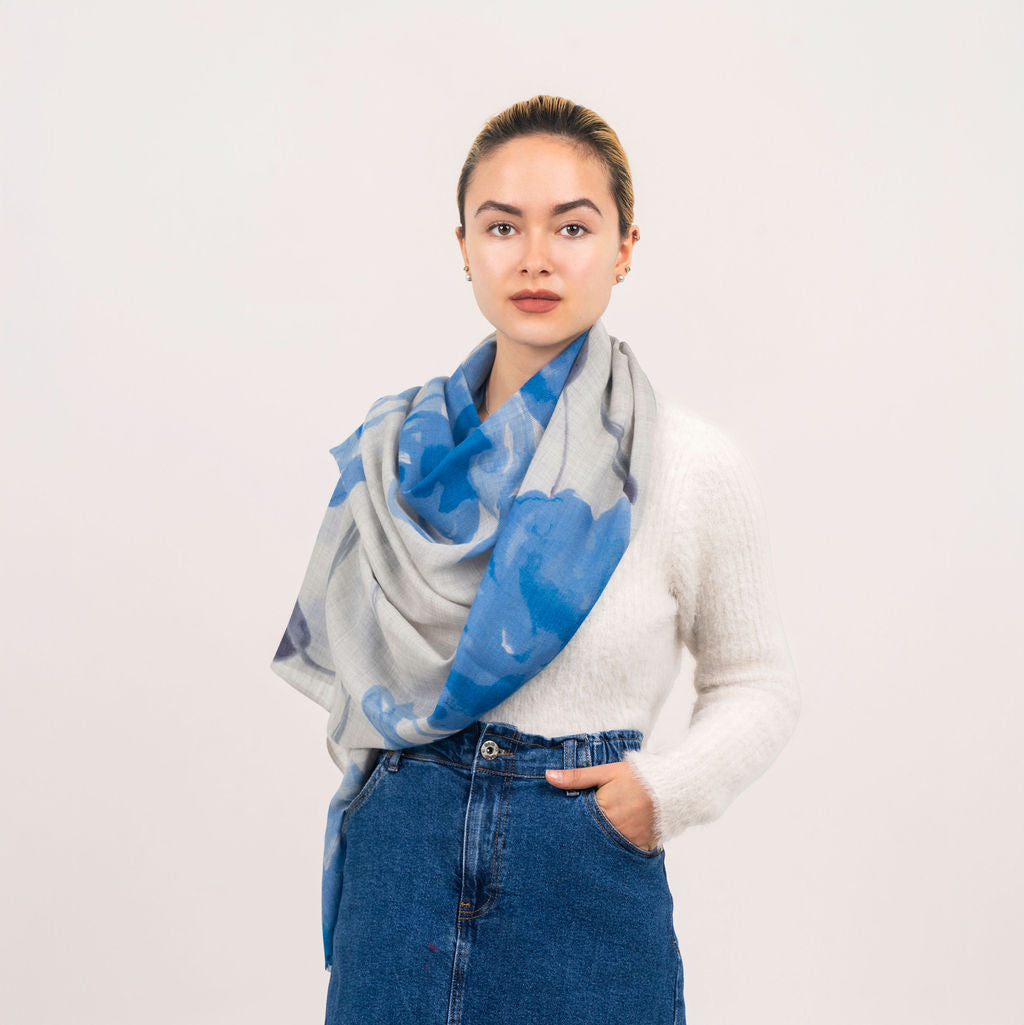 Poppy Modal Cashmere Scarf | Hand-Printed Floral Scarf | DLUX