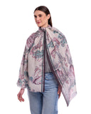 Close-up of Aven wool silk cashmere scarf showing scenic toile print and fine fringes